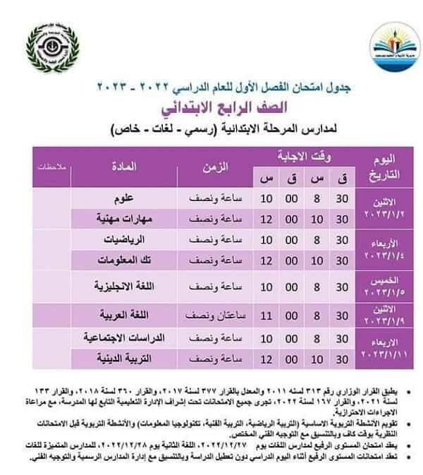 جدول امتحانات الصف الرابع الابتدائي 2023 الترم الأول محافظة بورسعيد