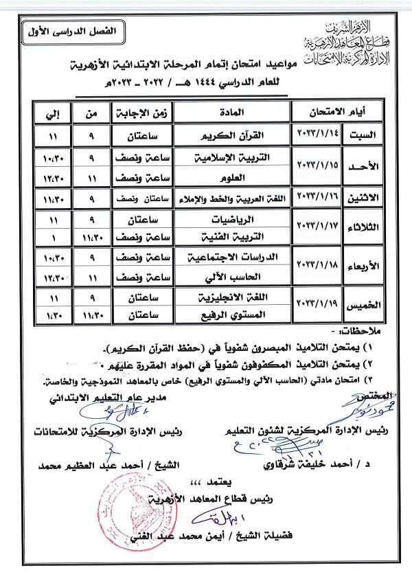 جدول امتحانات الصف السادس الابتدائي نصف العام 2023 الأزهر الشريف