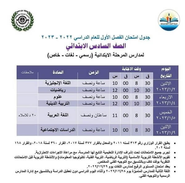 جدول امتحانات الصف السادس الابتدائي 2023 الترم الأول محافظة بورسعيد