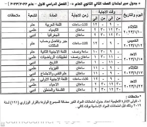 جدول امتحانات الصف الثاني الثانوي نصف العام 2023 محافظة الفيوم
